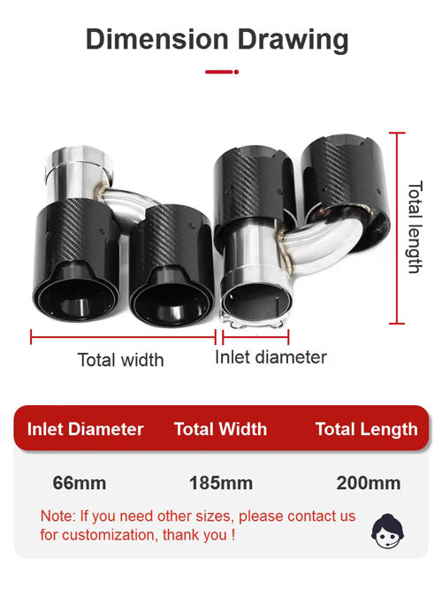 A dimension drawing diagram showing a pair of black and silver automotive exhaust tips with red measurement lines indicating total length, total width, and inlet diameter, plus a summary table at the bottom with measurements of 66mm, 185mm, and 200mm.